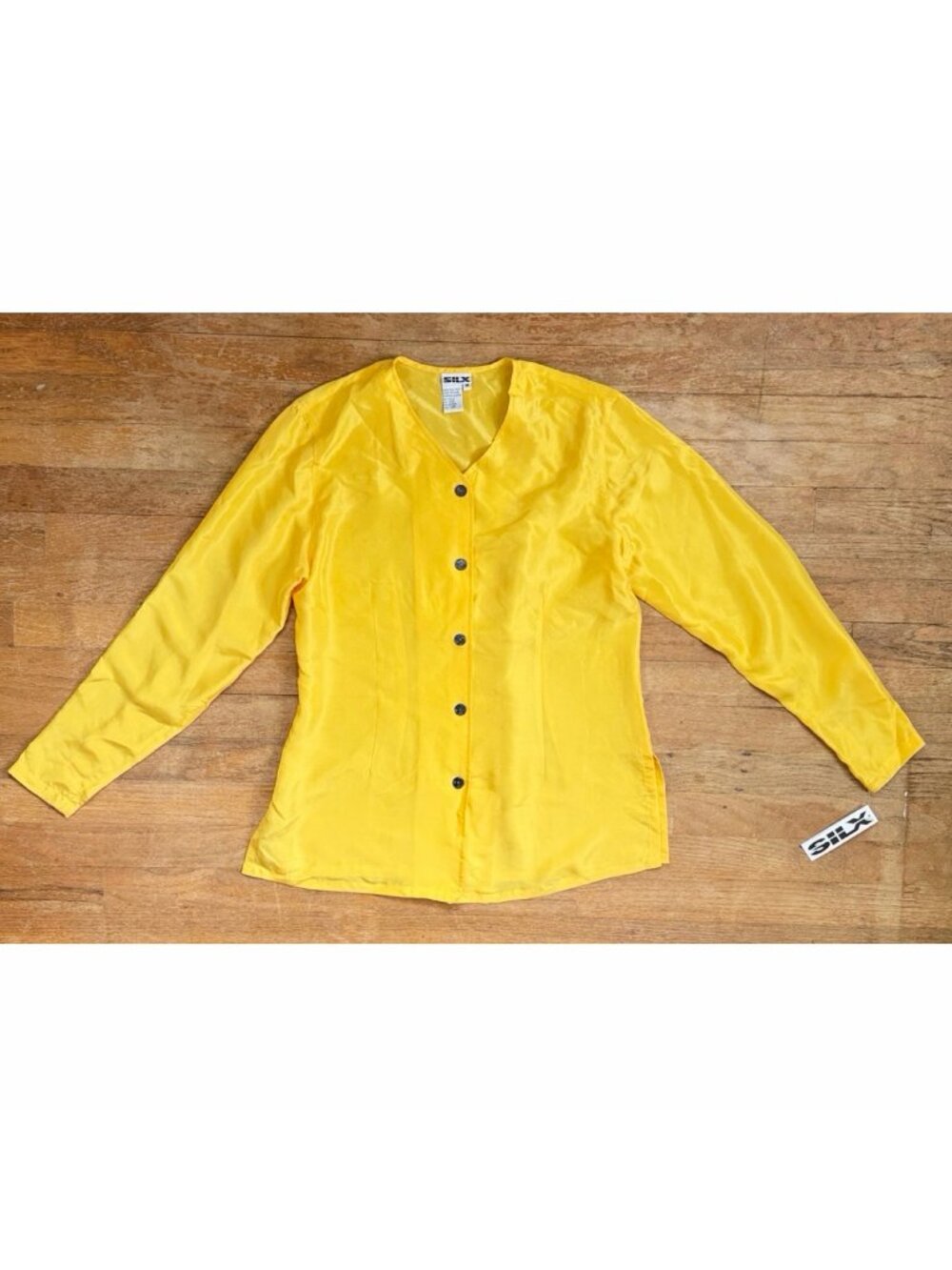 Vintage Bright Yellow Silk Blouse Size Medium Silx Washable Button Up Top Shirt